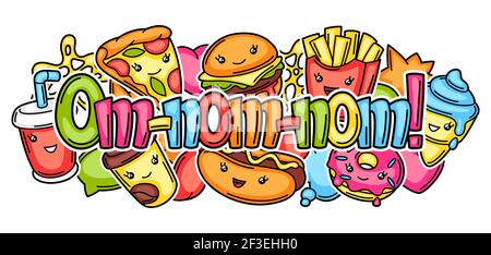 Hintergrund mit niedlichen Kawaii Fast-Food-Mahlzeit. Leckere Zeichen von Fastfood. Stock Vektor