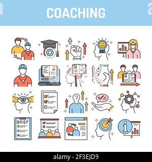 Symbole für die Coaching-Farblinie festgelegt. Zeichen für Webseite, mobile App, Schaltfläche, Logo. Bearbeitbare Kontur. Stock Vektor