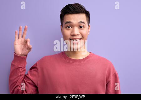 Asiatischer Mann in Freizeitkleidung zeigt OK Geste bei der Kamera, lächelnd. Junge Kerl posiert gutherzig und angenehm Stockfoto