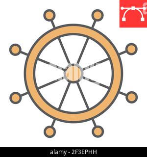 Schiff Lenkrad Farbe Linie Symbol, Bootsrad und Meer, Helm Vektor-Symbol, Vektorgrafiken, editierbare Kontur gefüllt Umrisszeichen, eps 10. Stock Vektor