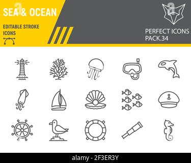 Meer und Ozean Linie Icon Set, Ozean Tiere Sammlung, Vektorgrafiken, Logo Illustrationen, Meer Vektor Icons, Seezeichen, skizzieren Piktogramme Stock Vektor