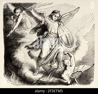 Erschaffung der Engel. Gott schuf die Engel. Altes Testament, Alte 19th Jahrhundert gravierte Illustration aus der Geschichte der Bibel 1883 Stockfoto