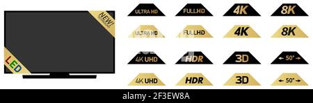 Schwarze oder goldene Etiketten mit Display tv-Auflösung und einfach tv-Modell Stock Vektor