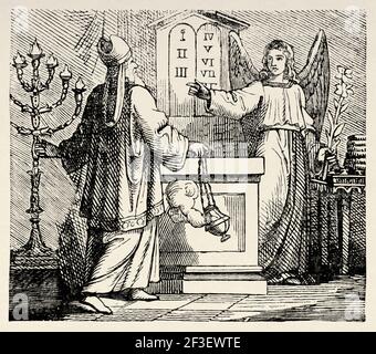 Geburt von Johannes dem Täufer vorhergesagt. Engel Gabriel spricht mit Priester Sacharja im Tempel Gottes, Lukas 1. Neues Testament, Alte 19th Jahrhundert gravierte Illustration aus der Geschichte der Bibel 1883 Stockfoto