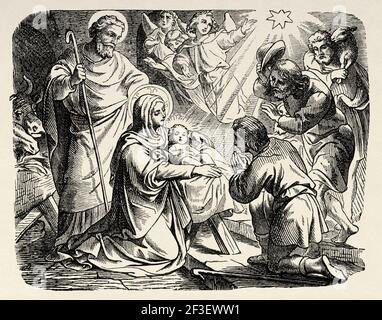 Die Hirten besuchen den neugeborenen Jesus, die Jungfrau Maria und Josef in Bethlehem, Lukas 2. Neues Testament, Alte 19th Jahrhundert gravierte Illustration aus der Geschichte der Bibel 1883 Stockfoto