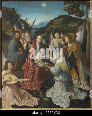 Heilige Familie mit Engeln und Heiligen Katharina und Barbara (Triptychon, zentrale Tafel), erstes Quartal 16th Cen. Private Sammlung. Stockfoto