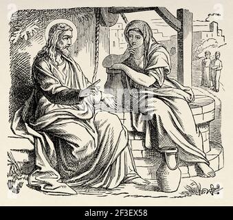 Christus und die samaritanische Frau am Jakobsbrunnen. Neues Testament, Alte 19th Jahrhundert gravierte Illustration aus der Geschichte der Bibel 1883 Stockfoto