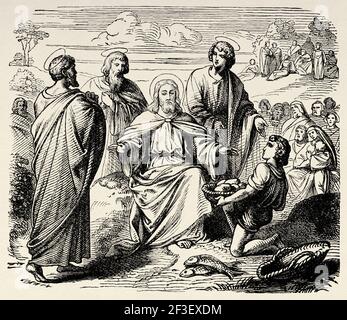 Das Wunder der fünf Brote und zwei Fische. Neues Testament, Alte 19th Jahrhundert gravierte Illustration aus der Geschichte der Bibel 1883 Stockfoto