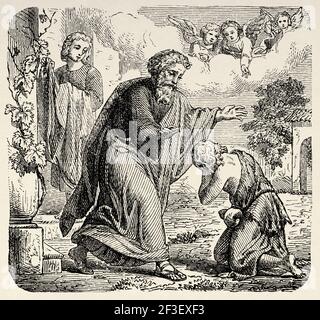 Der verlorene Sohn. Gleichnis vom verlorenen Sohn, der reuig zurückkehrt. Lukas Buch, Neues Testament, Alte 19th Jahrhundert gravierte Illustration aus der Geschichte der Bibel 1883 Stockfoto