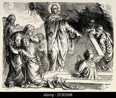 Die Auferstehung des Lazarus, Lazarus von Bethanien, auch als Heiliger Lazarus bekannt. Neues Testament, Alte 19th Jahrhundert gravierte Illustration aus der Geschichte der Bibel 1883 Stockfoto