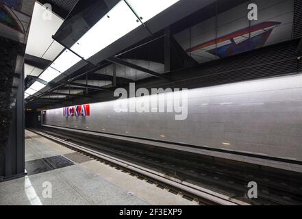 U-Bahn-Station CSKA -- ist eine Station auf der Kalininsko-Solntsevskaya Linie der Moskauer Metro, Russland. Es wurde am 26. Februar 2018 eröffnet Stockfoto