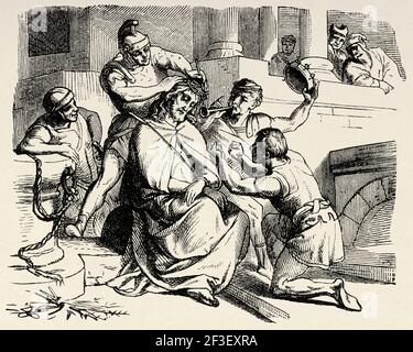 Christus mit Dornen gekrönt. Neues Testament, Alte 19th Jahrhundert gravierte Illustration aus der Geschichte der Bibel 1883 Stockfoto