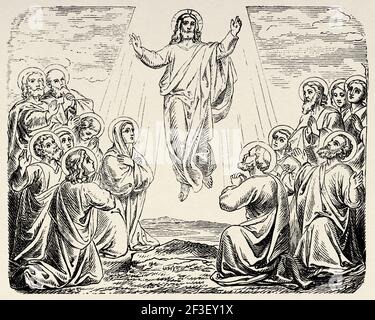 Die Himmelfahrt Christi. Unser Herr Jesus, der Sohn Gottes, steigt vor den Aposteln in den Himmel auf. Lukas Buch, Neues Testament, Alte 19th Jahrhundert gravierte Illustration aus der Geschichte der Bibel 1883 Stockfoto