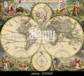 Alte Farblithographie. Nova orbis tabvla in lvcem edita A. F. de Wit, Weltkarte von Frederick de Wit (1630-1706) Niederländischer Mathematiker und Kartograph. Amsterdam, 17th Jahrhundert Stockfoto