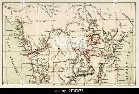 Erkundung und Kartographie des Kongo-Flusses (1874-1877) Reisen Sie nach Zentralafrika und erkunden Sie den Viktoriasee und den Tanganjikasee auf der Route des Kongo-Flusses. Afrika unerforscht, der geheimnisvolle Kontinent von Henry Morton Stanley 1887. Alte 19th Jahrhundert Farblithographie Illustration Stockfoto