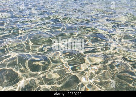 Wasser Textur Hintergrund.Meer Wasser Welligkeit.Sommer Hintergrund.Natur Hintergrund.Wasser Reflexion.Sonnenlicht Blendung auf Meerwasseroberfläche. Stockfoto