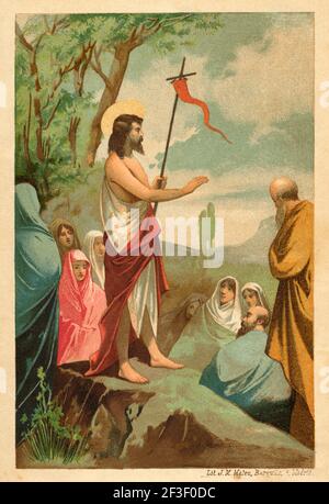 Der heilige Johannes der Täufer predigt einer Menschenmenge. Alt 19th Jahrhundert Farblithographie Illustration von Jesus Christus von Veuillot 1890 Stockfoto