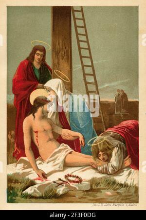 Jesus stieg vom Kreuz herab. Alt 19th Jahrhundert Farblithographie Illustration von Jesus Christus von Veuillot 1890 Stockfoto