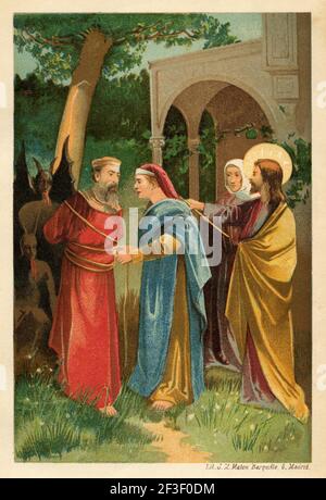 Jesus Christus treibt Dämonen aus. Alt 19th Jahrhundert Farblithographie Illustration von Jesus Christus von Veuillot 1890 Stockfoto