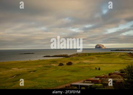 Der Bass Rock im Firth of Forth, mit dem Golfplatz in North Berwick Stockfoto