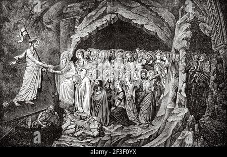 Leidenschaft von Jesus Christus. Der Abstieg in den Limbo. Alte 19th Jahrhundert gravierte Illustration von Jesus Christus von Veuillot 1890 Stockfoto
