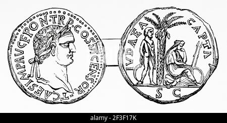 Alte Römische Münze. Juda erobert. Titus Flavius Vespasianus Büste Gewinner aus Jerusalem, rechts gefangen Jüdin sitzt gebunden an eine Palme symbolisieren die Unterwerfung von Judäa. Alte 19th Jahrhundert gravierte Illustration von Jesus Christus von Veuillot 1890 Stockfoto