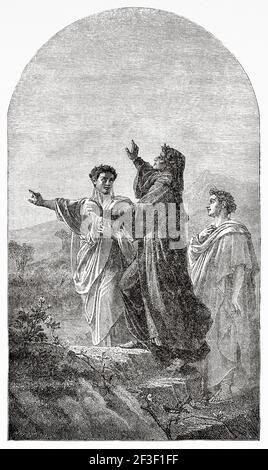 Dante und Virgil. Dante erreicht das Ende seiner Reise, nachdem er ihm die Kreise des Fegefeuers und der Hölle gezeigt hat, sagt Virgil ihm, dass er nicht wissen würde, wie er ihn weiter führen soll. Alte 19th Jahrhundert gravierte Illustration von Jesus Christus von Veuillot 1890 Stockfoto