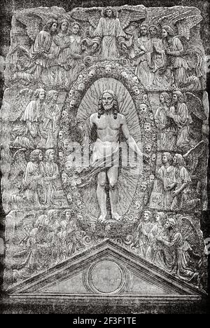 Glorreichen Jesus Christus von Engeln verehrt. Kartause von Pavia, Lombardei Region. Italien. Alte 19th Jahrhundert gravierte Illustration von Jesus Christus von Veuillot 1890 Stockfoto