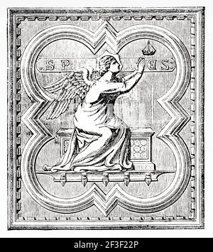 Südtüren des Baptisteriums von Andrea Pisano, die Hoffnung, Firenze, UNESCO-Weltkulturerbe, Toskana, Italien. Alte 19th Jahrhundert gravierte Illustration von Jesus Christus von Veuillot 1890 Stockfoto