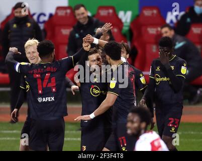 Watfords Ken Sema feiert das dritte Tor des Spiels während des Sky Bet Championship-Spiels im AESSEAL New York Stadium, Rotherham. Bilddatum: Dienstag, 16. März 2021. Stockfoto