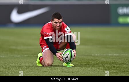 Hendon. Vereinigtes Königreich. 13. März 2021. Brendan Cope (Jersey) bereitet sich auf den Kick vor. Saracens / Jersey Reds. Greene King IPA Championship Rugby. Stonex-Stadion. Hendon. London. Vereinigtes Königreich. Stockfoto