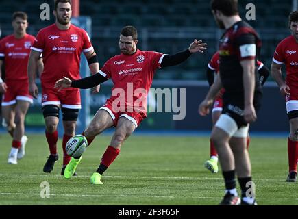 Hendon. Vereinigtes Königreich. 13. März 2021. Brendan Cope (Jersey) Tritte. Saracens / Jersey Reds. Greene King IPA Championship Rugby. Stonex-Stadion. Hendon. London. Vereinigtes Königreich. Stockfoto