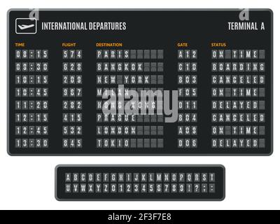 Flipboard am Flughafen. Abfahrtsinformation Anzeigetafel, Umblättern der Ankunft Countdown. Anzeigetafel Flip Flughafen info Display Vektor Illustration Set Stock Vektor