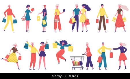 Shopping-Figuren. Männer und Frauen mit Einkaufstaschen, Shopaholic Menschen auf dem Markt oder Boutique-Shop. Glückliche Käufer Zeichen Vektor-Illustration Stock Vektor