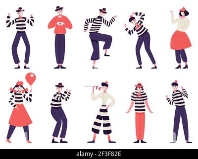 Imitiert Charaktere. Stumme Schauspieler, Pantomime und Comedy-Darsteller, lustige mimische Posen. Männliche und weibliche Mimen Zeichen Vektor Illustration Set Stock Vektor