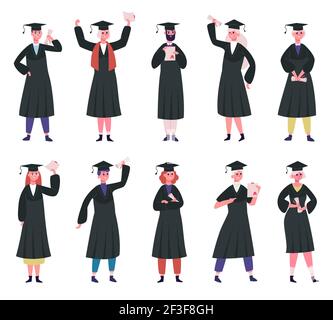 Graduierte Studenten. College-Absolventen tragen traditionelle Mützen und akademische Robe. Glückliche Schüler mit Bildung Zertifikate Vektor Illustration Set Stock Vektor