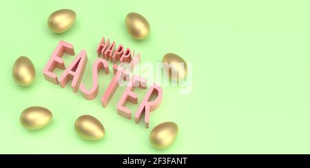 Ostern 3D Renderkonzept: Grußkarte mit goldenem FRÖHLICHEN OSTERTEXT auf pastellgrünem Hintergrund mit glattem Schatten. Viele metallische goldene Eier. Stockfoto