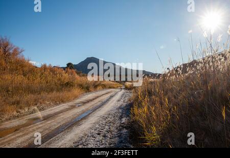 Ramblas Landschaft in der Wüste Tabernas an einem sonnigen Wintertag Andalusien Spai. Natur Reisen Stockfoto