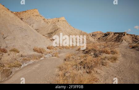 Tabernas Desert Hills und Ramblas Landschaft in Almeria Spanien Natur Adventure Travel Europa Stockfoto