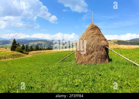 Ein Heuhaufen steht auf einer grünen Bergwiese vor der Kulisse einer schönen Sommer-Berglandschaft an einem hellen sonnigen Tag. Stockfoto