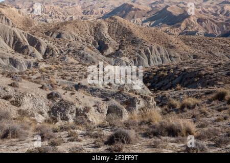 Tabernas Desert Hills Landschaft in Almeria Spanien Natur Abenteuer Reisen Europa Stockfoto