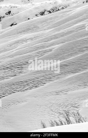 Schwarz-Weiß-Ansicht von Wind gemeißelten Mustern in Neuschnee; in der Nähe der Madonna Mine; Monarch Pass; Colorado; USA Stockfoto