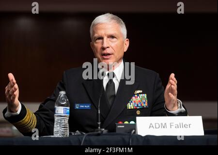 Washington, DC, USA. März 2021, 16th. 16. März 2021 - Washington, DC, USA: Admiral CRAIG FALLER, Kommandant der USN, United States Southern Command, spricht bei einer Anhörung des Senats Armed Services Committee. Quelle: Michael Brochstein/ZUMA Wire/Alamy Live News Stockfoto