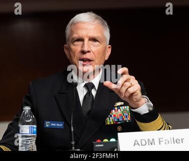 Washington, USA, 16th. März 2021. 16. März 2021 - Washington, DC, USA: Admiral Craig Faller, Kommandant der USN, United States Southern Command, spricht bei einer Anhörung des Senats Armed Services Committee. (Foto: Michael Brochstein/Sipa USA) Quelle: SIPA USA/Alamy Live News Stockfoto