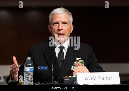 Washington, USA, 16th. März 2021. 16. März 2021 - Washington, DC, USA: Admiral Craig Faller, Kommandant der USN, United States Southern Command, spricht bei einer Anhörung des Senats Armed Services Committee. (Foto: Michael Brochstein/Sipa USA) Quelle: SIPA USA/Alamy Live News Stockfoto