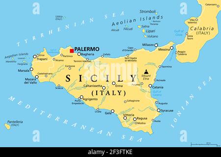 Sizilien, autonome Region Italien, politische Karte, mit Hauptstadt Palermo, Äolischen und Ägadischen Inseln, Vulkan Ätna, und wichtige Städte. Stockfoto