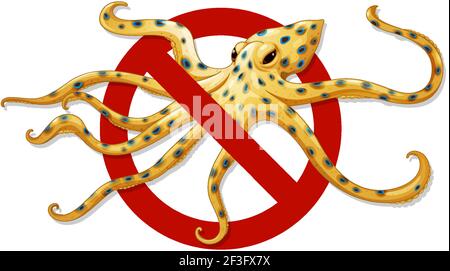Warnung blau beringte Krake verboten Zeichen auf weißem Hintergrund Illustration Stock Vektor
