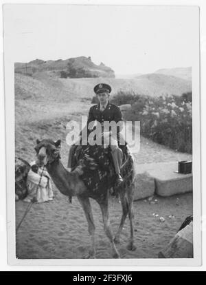 Armeeoffizier AC) auf einem Kamel, große Pyramiden Vintage-Foto in der Nähe von Camp Huckstep, Ägypten, 2. Weltkrieg, 1944 Stockfoto