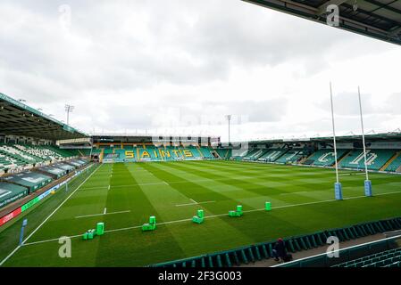 Allgemeine Ansicht des Frankin's Gardens Stadium vor dem Spiel während eines Gallagher Premiership Runde 13 Rugby Union Spiel, Samstag, 13. März 2021, in Stockfoto