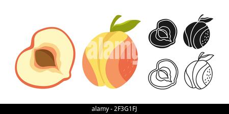 Pfirsich Cartoon Set Linie Symbol, schwarze Glyphe Stil. Sommer Pfirsich Icon Kollektion flat Food. Comic Bio gesund handgezeichnetes Design für Verpackung Karte Poster Label. Isolierte Vektordarstellung Stock Vektor